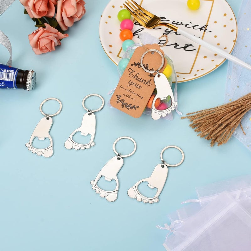 KaGrbves 50 Pieces Footprint Bottle Opener Baby Shower Favors for Guest with Keychain and Organza Bags Tags (silver) - Image 3